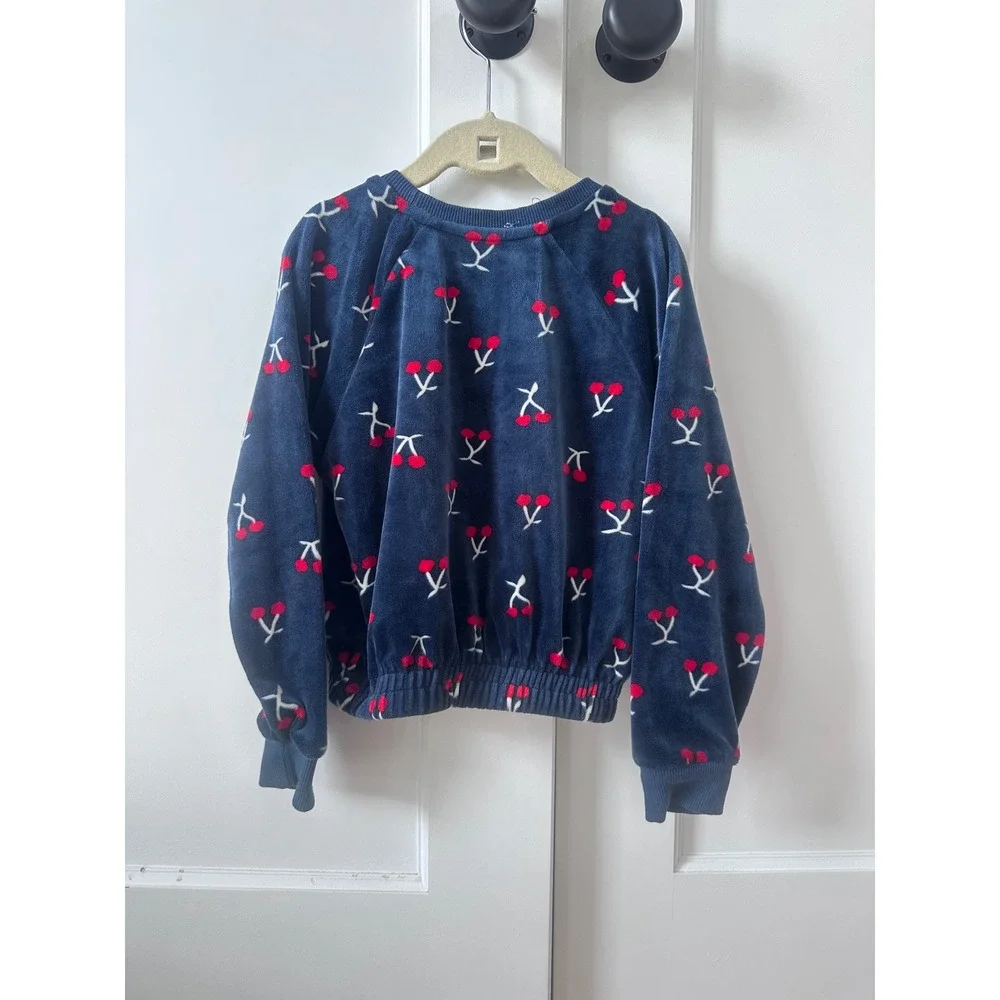 Jessica Simpson Girls Navy Blue Cherry Print Velour Sweatshirt Size 6 Y2K inspt